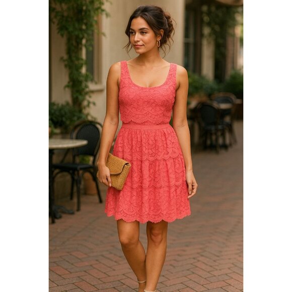 As U Wish NWT 13 Flirty Tiered Coral Lace Dress Open Back Detail Fit Flare Style - Picture 3 of 15